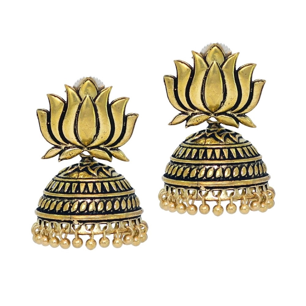 Generic Women's Handmade Gold Plated Lotus Shape Oxidised Jhumki 
