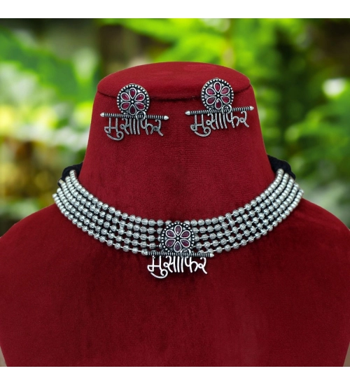 Generic Women's Maroon Color Oxidised Temple Necklace Set 