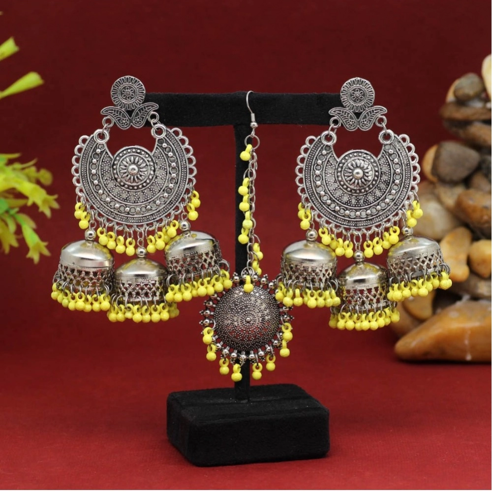 Generic Women's Yellow Color Oxidised Earrings Tikka Set 