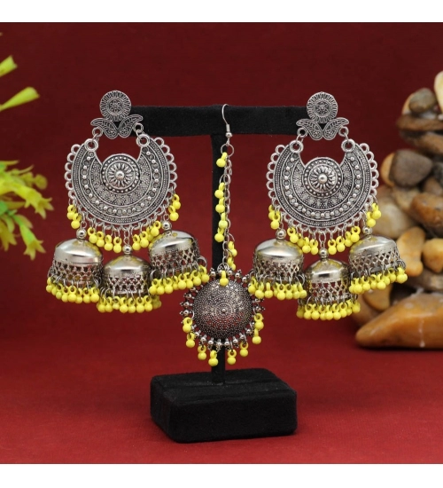 Generic Women's Yellow Color Oxidised Earrings Tikka Set Generic Women's Yellow Color Oxidised Earrings Tikka Set