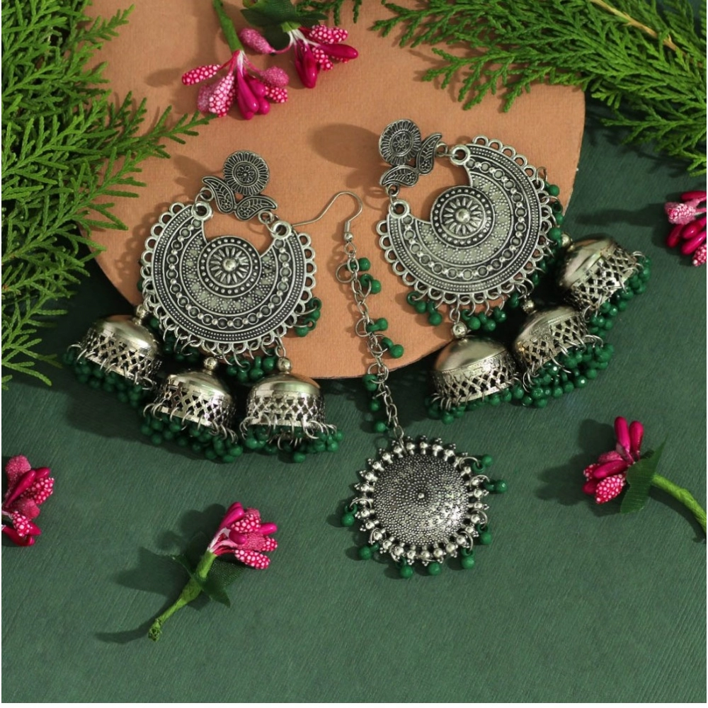 Generic Women's Green Color Oxidised Earrings Tikka Set 