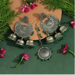 Generic Women's Green Color Oxidised Earrings Tikka Set 