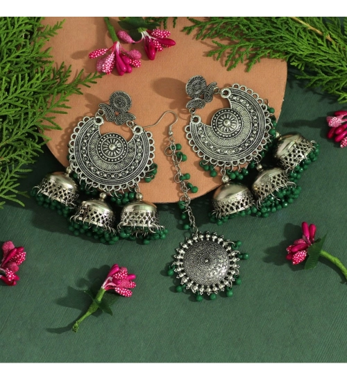 Generic Women's Green Color Oxidised Earrings Tikka Set 