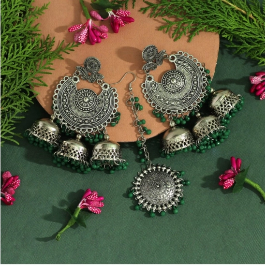 Generic Women's Green Color Oxidised Earrings Tikka Set 