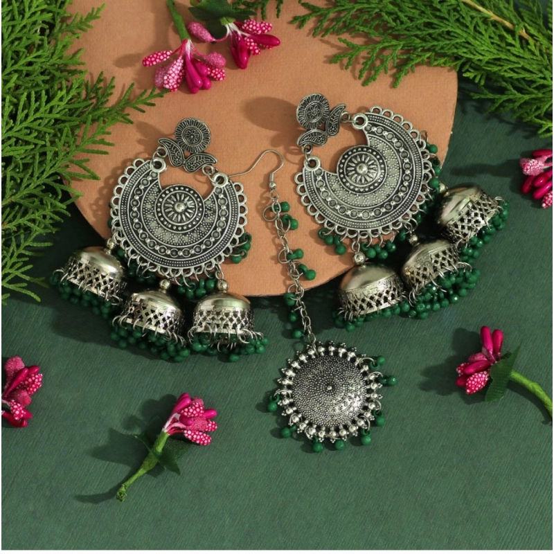 Generic Women's Green Color Oxidised Earrings Tikka Set 