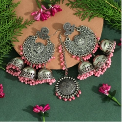 Generic Women's Baby Pink Color Oxidised Earrings Tikka Set 