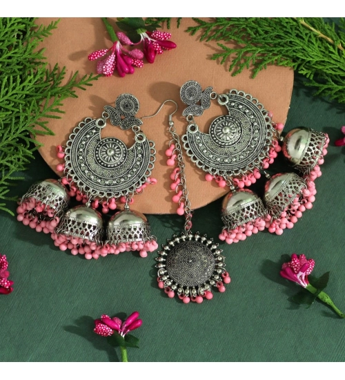 Generic Women's Baby Pink Color Oxidised Earrings Tikka Set 