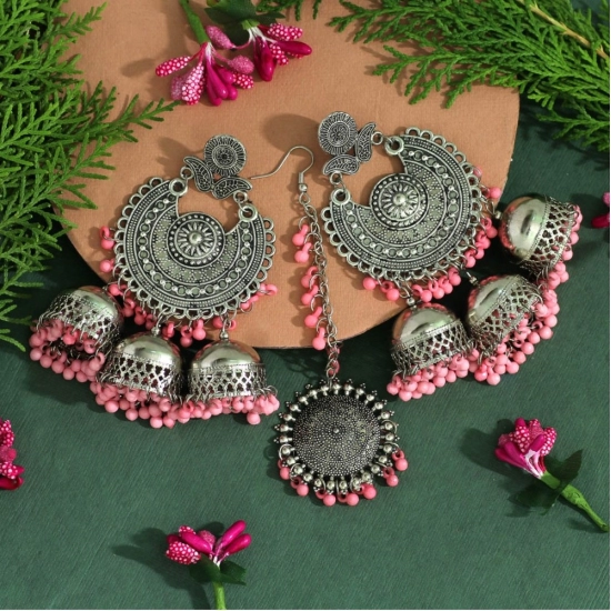Generic Women's Baby Pink Color Oxidised Earrings Tikka Set Generic Women's Baby Pink Color Oxidised Earrings Tikka Set