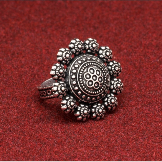 Generic Women's Floral Design Silver Color Oxidised Adjustable Ring 