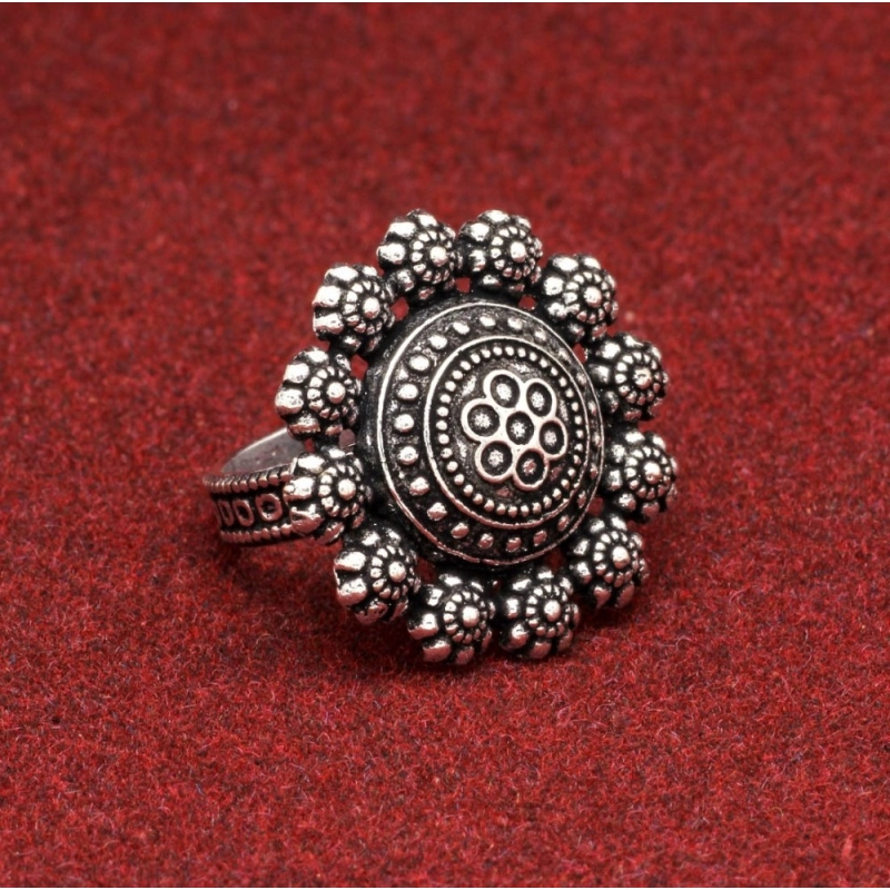 Generic Women's Floral Design Silver Color Oxidised Adjustable Ring 