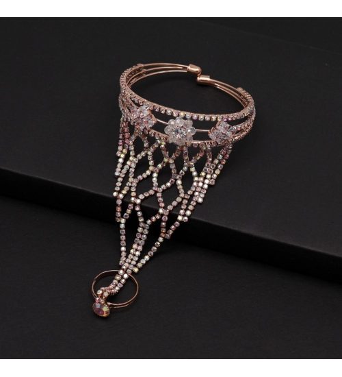 Generic Women's Rainblow Color Rose Gold Rhinestone Hathphool Adjustable Bracelet