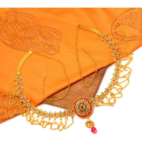 Generic Women's Maroon &amp; Green Color Glass Stone Kamarband Adjustable Chain