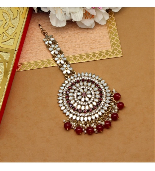 Generic Women's Maroon Color Mirror Work Maang Tikka 