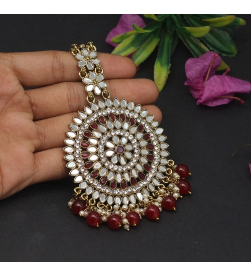 Generic Women's Maroon Color Mirror Work Maang Tikka 