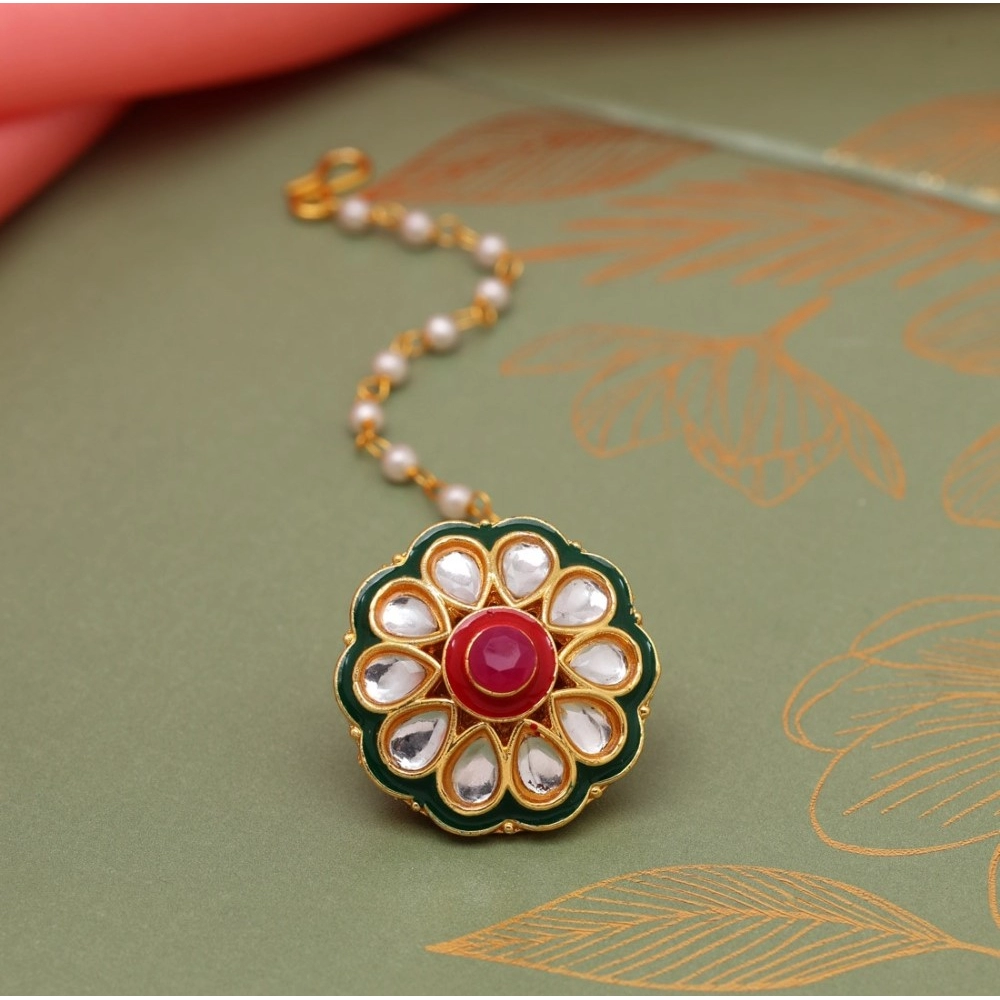 Generic Women's Maroon &amp; Green Color Kundan Meena Borla Tikka 