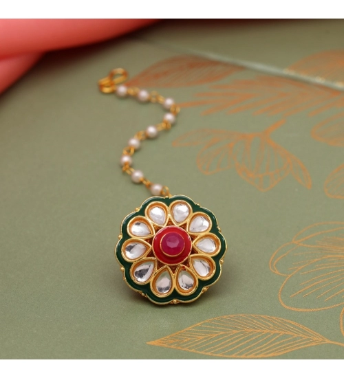 Generic Women's Maroon &amp; Green Color Kundan Meena Borla Tikka 