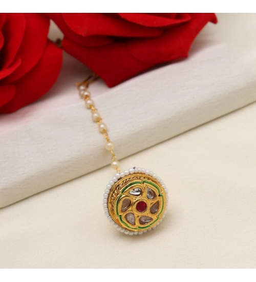 Generic Women's Maroon &amp; Green Color Kundan Meena Borla Tikka 