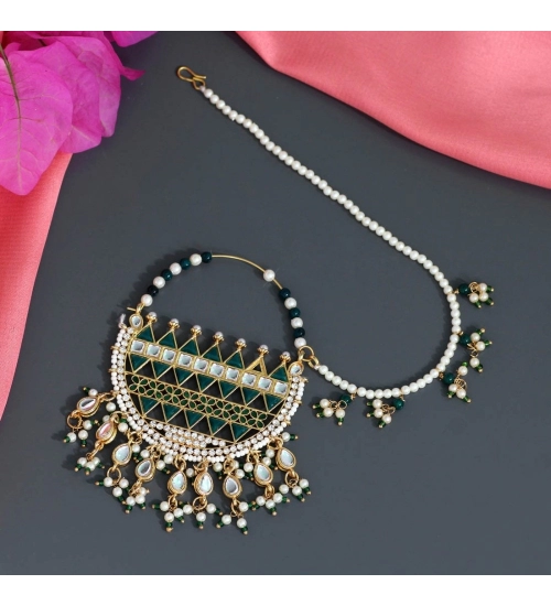 Generic Women's Green Color Kundan &amp; Beads Nose Nath 