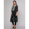 Generic Women's Casual 3/4th Sleeve Embroidered Georgette Kurti (Black)