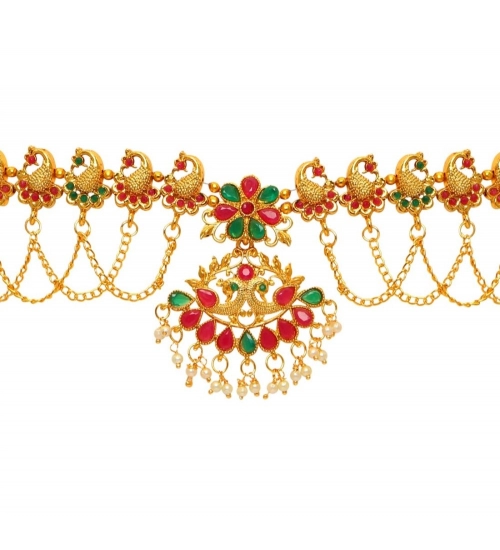 Generic Women's Maroon &amp; Green Color Glass Stone Kamarband Adjustable Chain