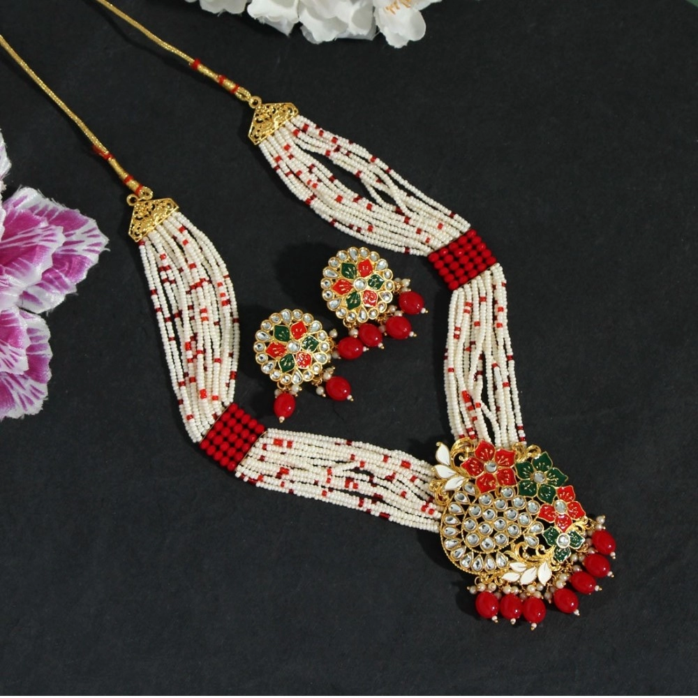 Generic Women's Red Color Long Meenakari Necklace Set 