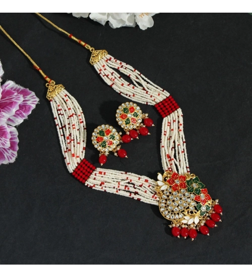 Generic Women's Red Color Long Meenakari Necklace Set 