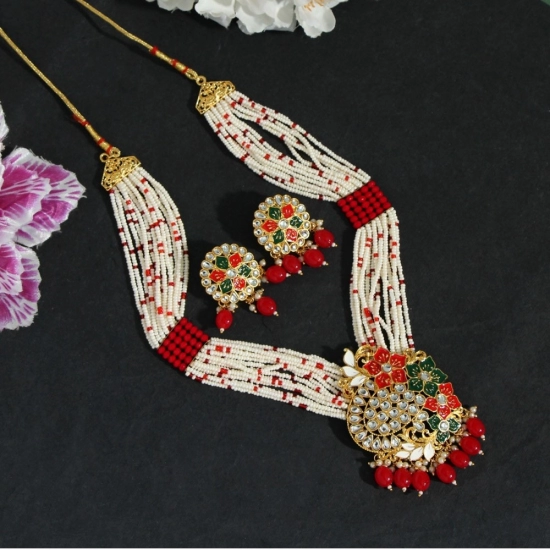 Generic Women's Red Color Long Meenakari Necklace Set 
