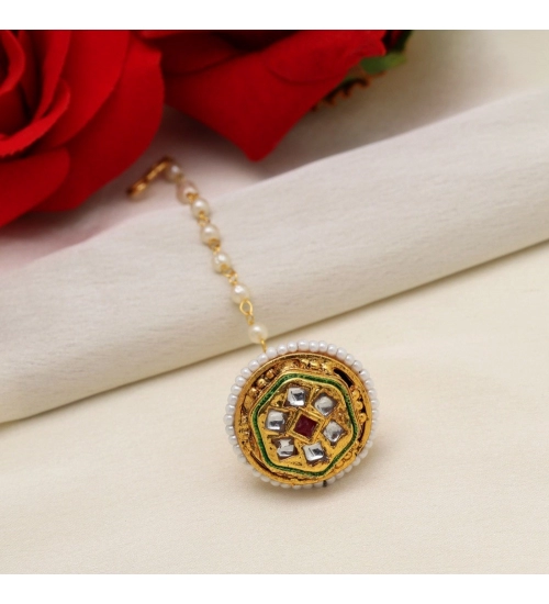 Generic Women's Maroon &amp; Green Color Kundan Meena Borla Tikka 