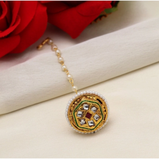 Generic Women's Maroon &amp; Green Color Kundan Meena Borla Tikka 