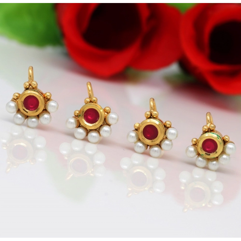 Generic Women's Rani Color Kundan Nose Pin Combo Of 4 Pieces 