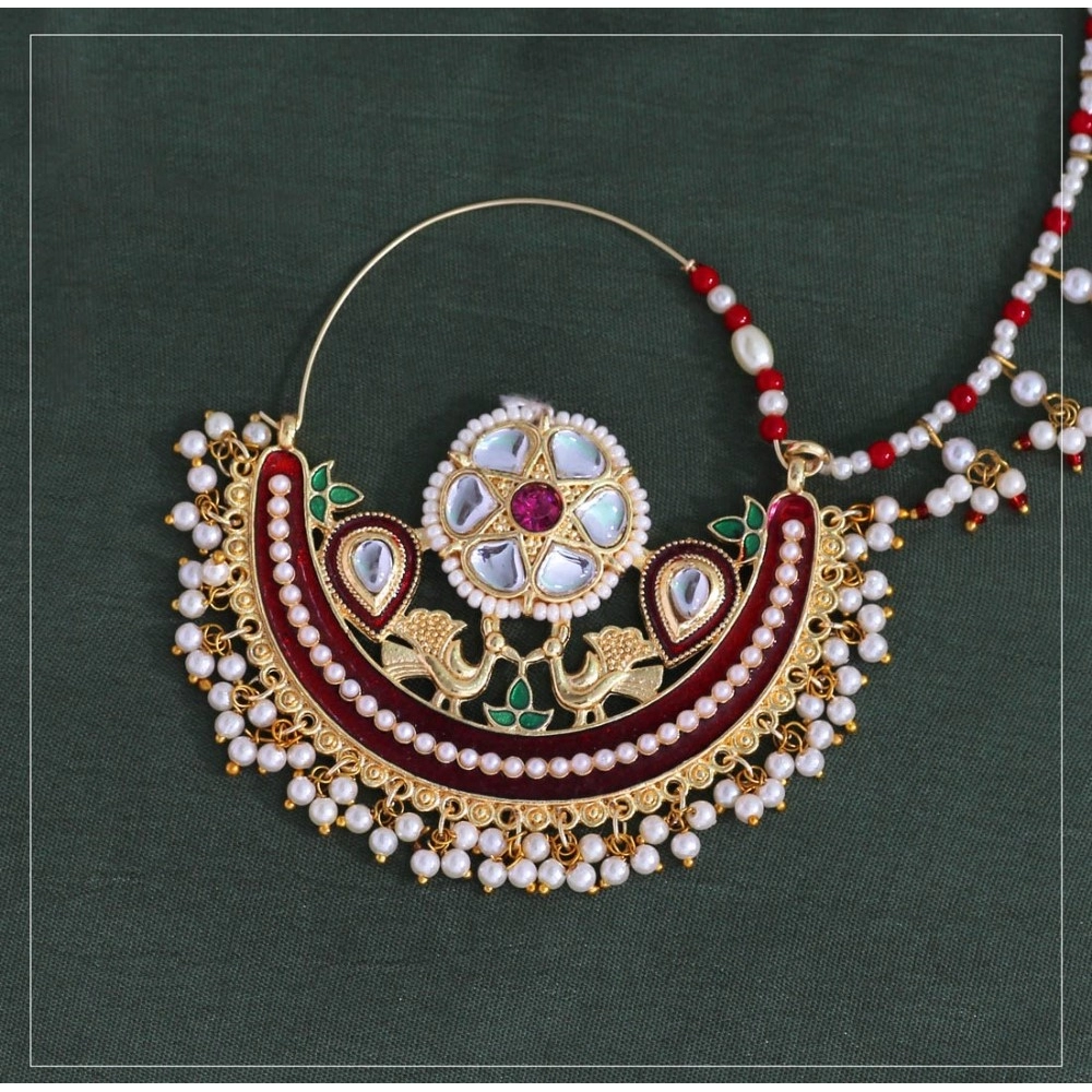 Generic Women's Maroon Color Kundan &amp; Beads Nose Nath 