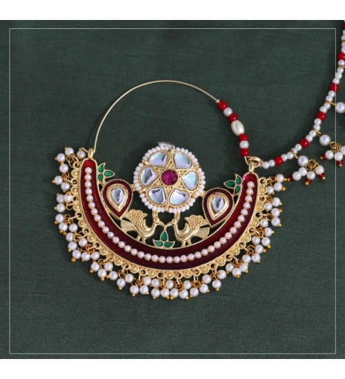 Generic Women's Maroon Color Kundan & Beads Nose Nath Generic Women's Maroon Color Kundan & Beads Nose Nath
