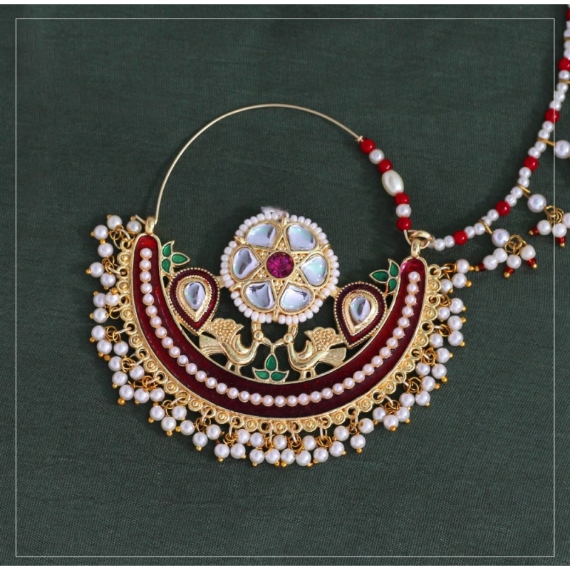 Generic Women's Maroon Color Kundan &amp; Beads Nose Nath 