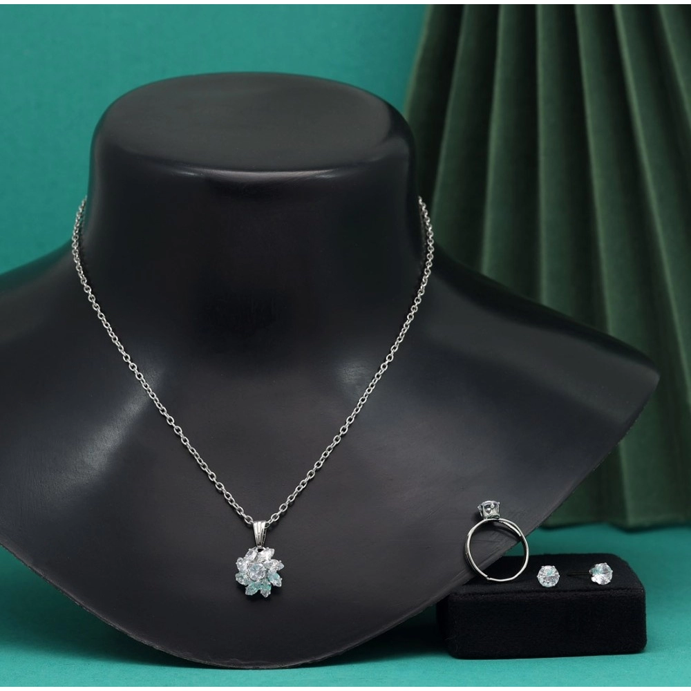 Generic Women's Silver Color Stone Locket Pendant Set Adjustable Ring