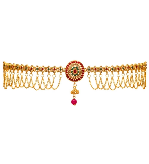 Generic Women's Maroon &amp; Green Color Glass Stone Kamarband Adjustable Chain