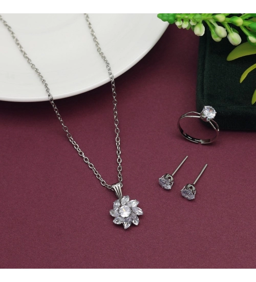 Generic Women's Silver Color Stone Locket Pendant Set Adjustable Ring