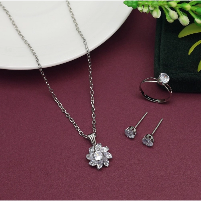 Generic Women's Silver Color Stone Locket Pendant Set Adjustable Ring Generic Women's Silver Color Stone Locket Pendant Set Adjustable Ring