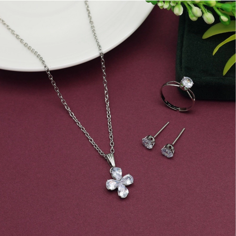 Generic Women's Silver Color Stone Locket Pendant Set Adjustable Ring