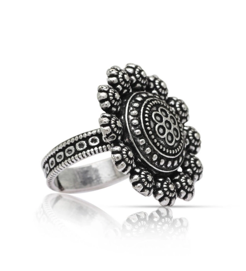 Generic Women's Floral Design Silver Color Oxidised Adjustable Ring 