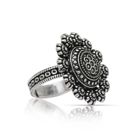 Generic Women's Floral Design Silver Color Oxidised Adjustable Ring 