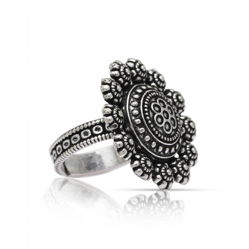 Generic Women's Floral Design Silver Color Oxidised Adjustable Ring 