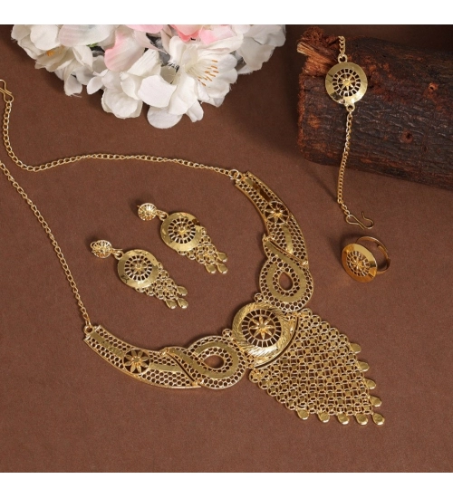 Generic Women's Gold Color Gold Plated Necklace Set Adjustable Ring