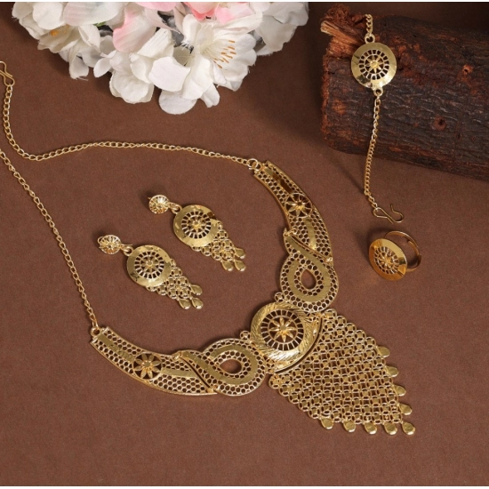 Generic Women's Gold Color Gold Plated Necklace Set Adjustable Ring Generic Women's Gold Color Gold Plated Necklace Set Adjustable Ring