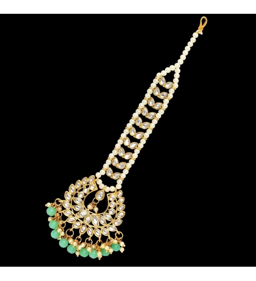 Generic Women's Rama Green Color Imitation Pearl &amp; Kundan Maang Tikka 