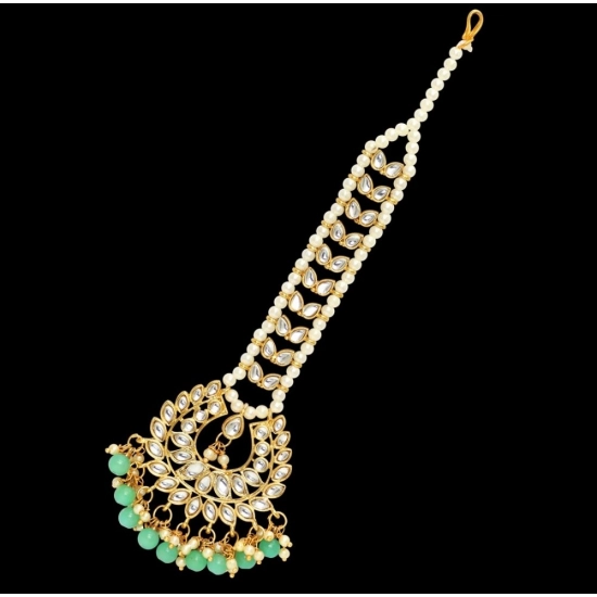 Generic Women's Rama Green Color Imitation Pearl &amp; Kundan Maang Tikka 