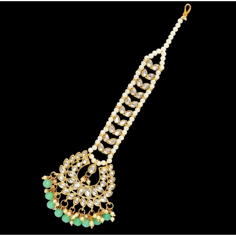 Generic Women's Rama Green Color Imitation Pearl &amp; Kundan Maang Tikka 