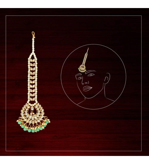 Generic Women's Rama Green Color Imitation Pearl &amp; Kundan Maang Tikka 