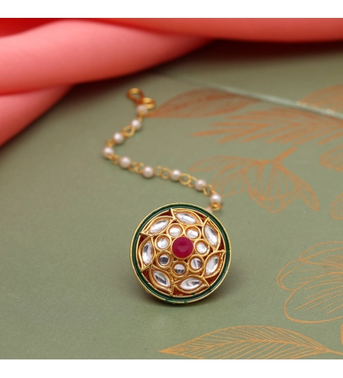 Generic Women's Maroon &amp; Green Color Kundan Meena Borla Tikka 