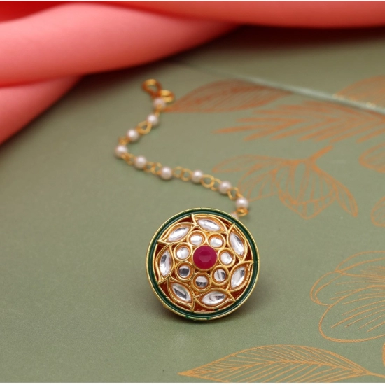 Generic Women's Maroon &amp; Green Color Kundan Meena Borla Tikka 