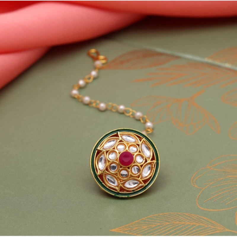 Generic Women's Maroon &amp; Green Color Kundan Meena Borla Tikka 